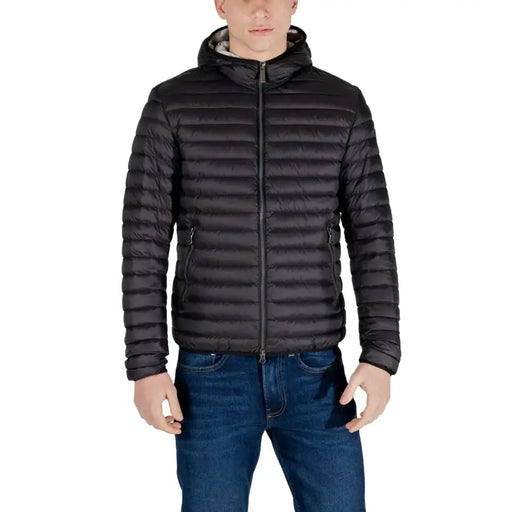 Black hooded puffer jacket from Women’s Blue Nylon Hooded Blazer with Zip and Pockets