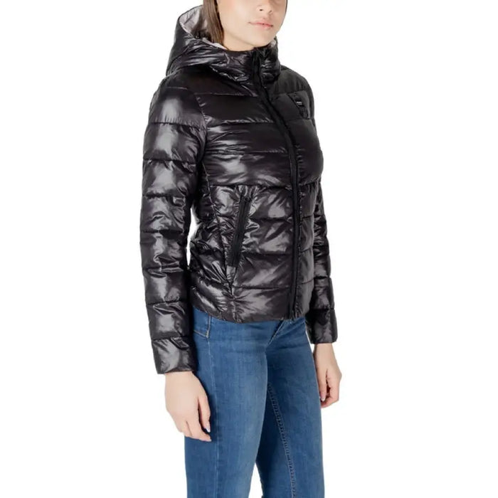 Black Hooded Puffer Jacket for Women, stylish winter outerwear with a sleek design