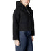 Black Hooded Sherpa Jacket displayed with plush black fleece material and a hood