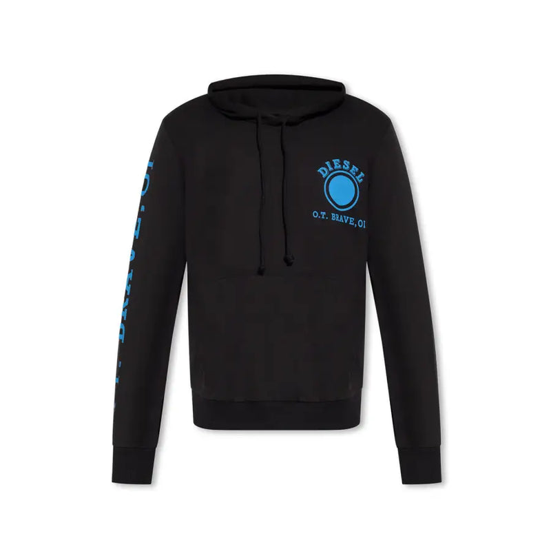 Sweat à capuche noir avec logo et motifs bleus sur la poitrine et la manche, en tissu Diesel