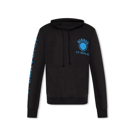 Sweat à capuche noir avec logo et motifs bleus sur la poitrine et la manche, en tissu Diesel