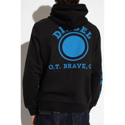 Sweat à capuche noir en coton orné d'un logo Diesel circulaire bleu vif et de motifs OT sur le devant