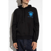 Sweat à capuche noir Diesel avec logo et texte brodés en bleu sur le devant, un modèle confortable.