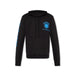 Black hooded sweatshirt featuring blue logo and graphic design for casual wear