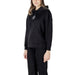 Black hooded sweatshirt displayed on a model, stylish and comfortable casual wear