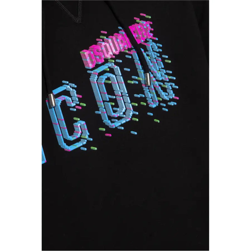 Sweat à capuche noir dsquared2 orné d'un motif pixelisé rose, bleu et vert audacieux. icon graphisme sur le devant