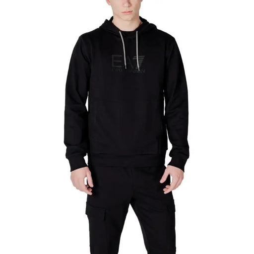 Black hooded sweatshirt and cargo pants from Ea7 Men Blue Printed Hood Sweatshirt collection