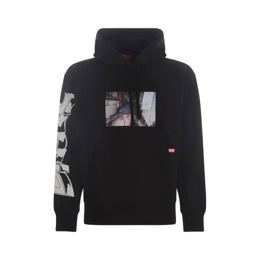 Sweat-shirt à capuche noir orné d'un imprimé photographique rectangulaire sur la poitrine et d'un lettrage graphique blanc sur la manche