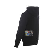 Sweat-shirt à capuche noir orné d'un imprimé photographique rectangulaire dans le bas du dos, réalisé dans un tissu noir élégant.