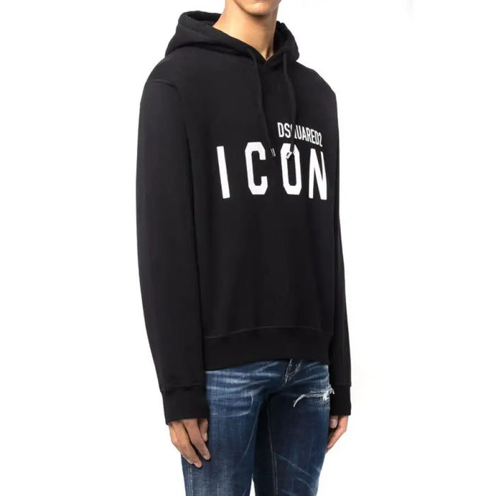 Black hooded sweatshirt with white icon print and lettering for stylish casual wear