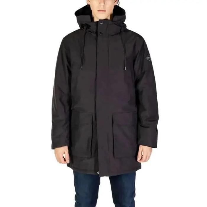 Black hooded winter parka with front pockets from Replay Men Jacket collection