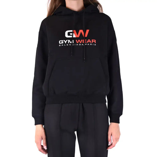 Black Balenciaga Women Cotton Hoodie with GYM WEAR BALENCIAGA PARIS logo and front pockets