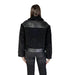 Black faux fur jacket with shearling collar and leather accents for stylish warmth