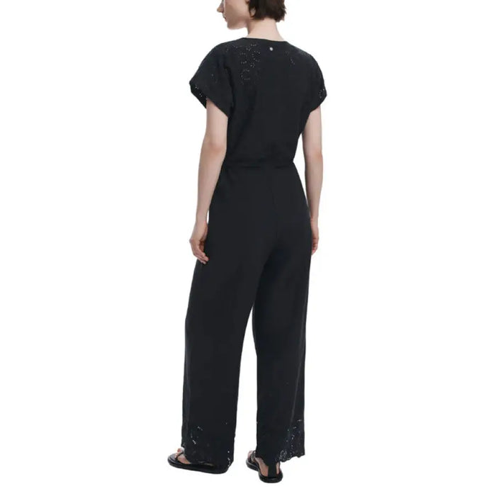 Black V neck embellished wrap jumpsuit with detailed embellishments and elegant design