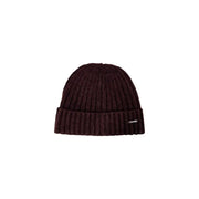 Dark brown ribbed knit beanie with a small logo on the front.