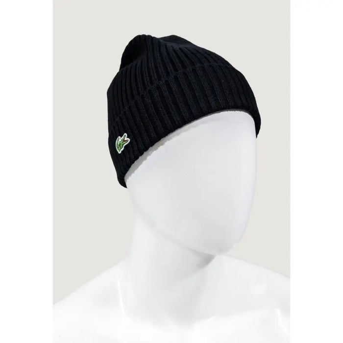 Black knit beanie featuring Lacoste logo for stylish winter warmth
