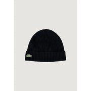 Black knit beanie featuring Lacoste logo for stylish cold weather wear