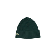 Green lacoste beanie with ribbed texture and crocodile logo.