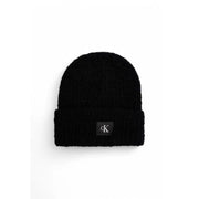 Black knit beanie with a logo patch for stylish winter wear