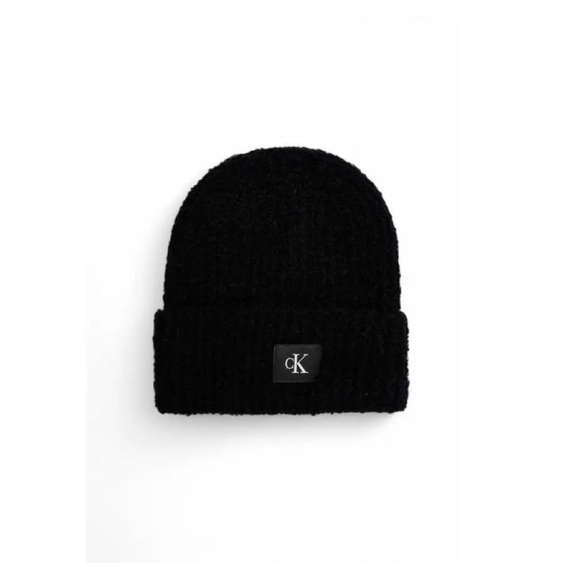 Black knit beanie with a logo patch for stylish winter wear