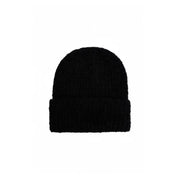 Black knit beanie with logo patch, stylish winter headwear accessory