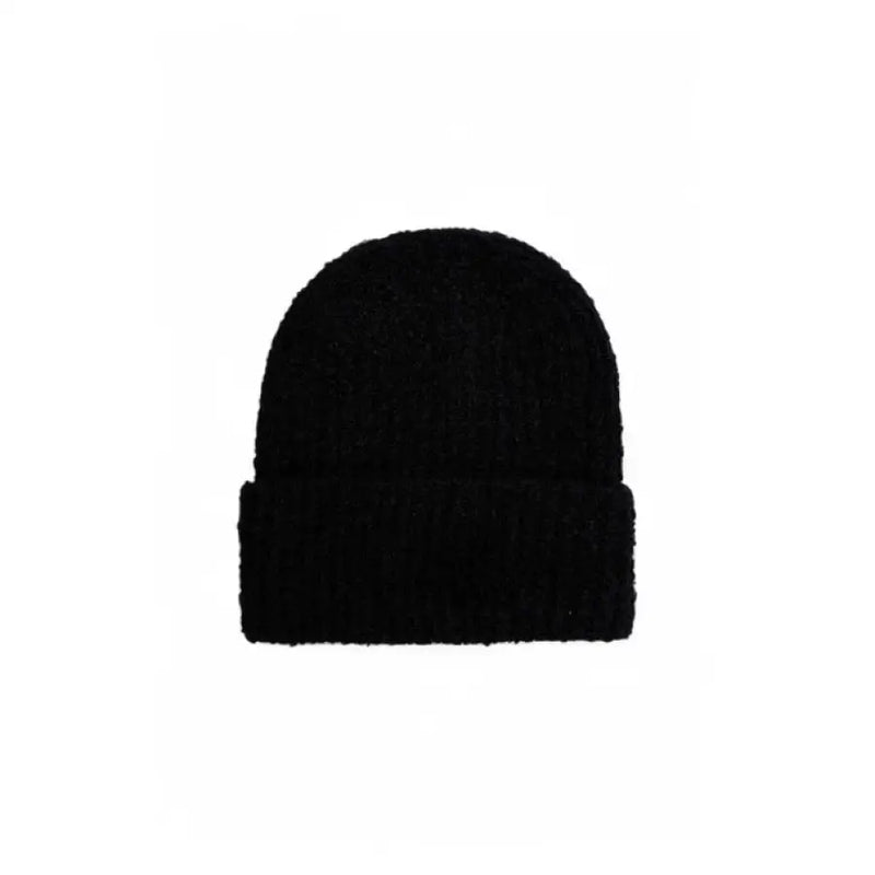 Black knit beanie with logo patch, stylish winter headwear accessory