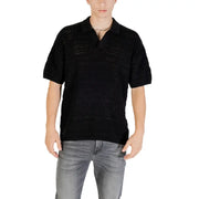 Black knit polo shirt featuring a textured openwork pattern made from breathable knitted fabric