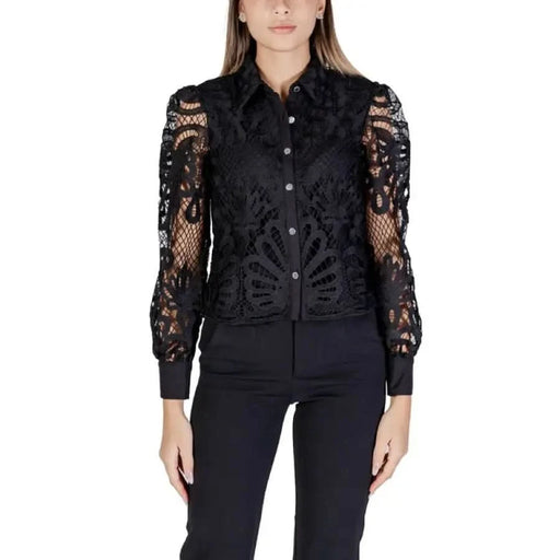 Black lace blouse with sheer sleeves and button-front closure by Morgan De Toi