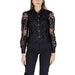 Black lace blouse with sheer sleeves and button-front closure by Morgan De Toi