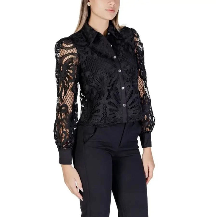 Black lace button-up blouse with sheer sleeves and collar by Morgan De Toi