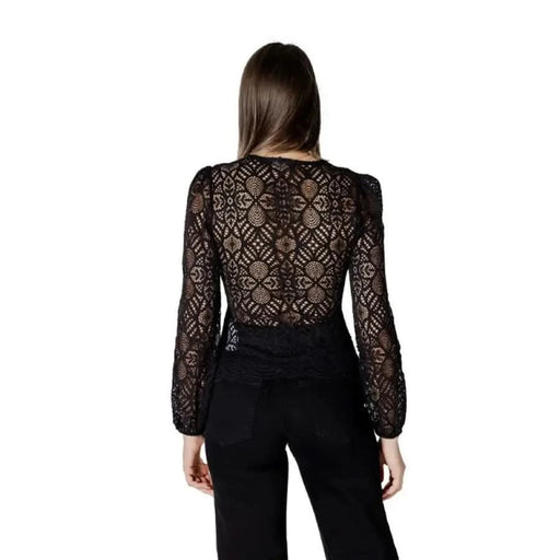 Black lace long-sleeved top displayed with Morgan De Toi Black V-Neck Long Sweater