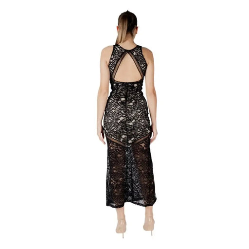 Black lace sleeveless midi dress displayed for fashion and attire showcasing