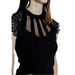 Black sleeveless top with lace trim and mesh detailing for elegant fashion style