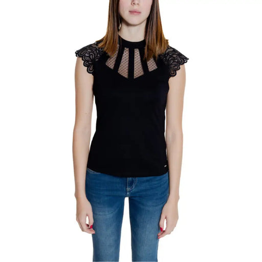 Black lace-trimmed sleeveless top displayed for stylish women’s fashion