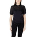 Black lace-trimmed top displayed with Women’s White Blouse with Lace Trim and Black Pants