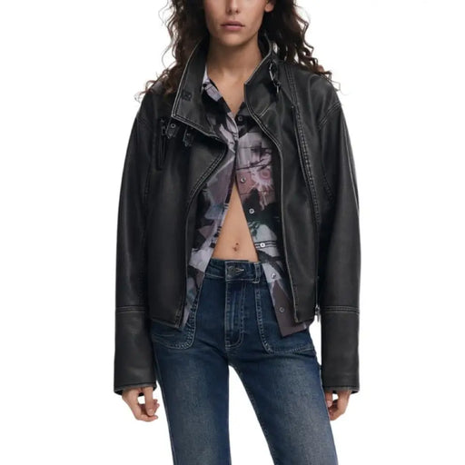 Black leather biker jacket for women made from faux leather with stylish design