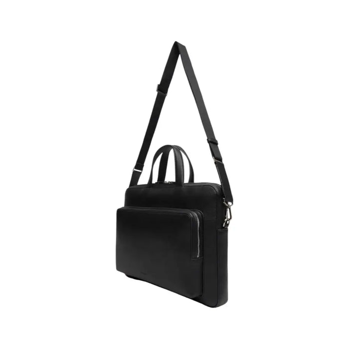 Black leather briefcase with shoulder strap for professional travel and business use
