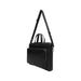 Black leather briefcase with shoulder strap for professional travel and business use