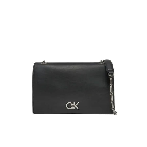 Black leather Calvin Klein handbag with silver logo and chain strap for women