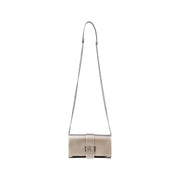 Metallic silver rectangular clutch with chain strap and decorative clasp for Black Leather Clutch Wallet and Crossbody Bag