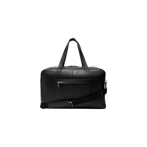 Black leather duffel bag with shoulder strap for stylish travel and everyday use