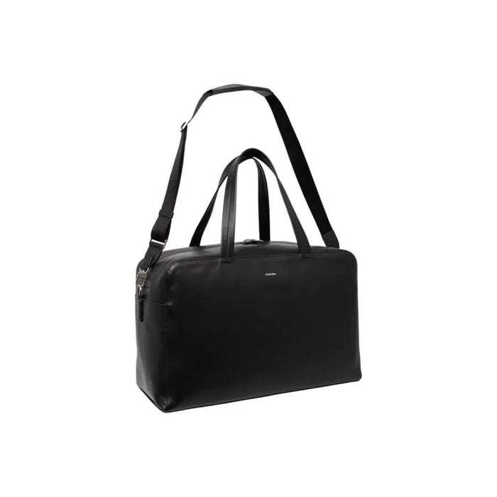 Black leather duffel bag with shoulder strap for stylish travel and storage