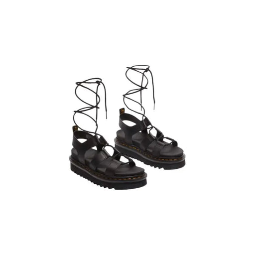 Black leather gladiator sandals with lace-up design and platform sole
