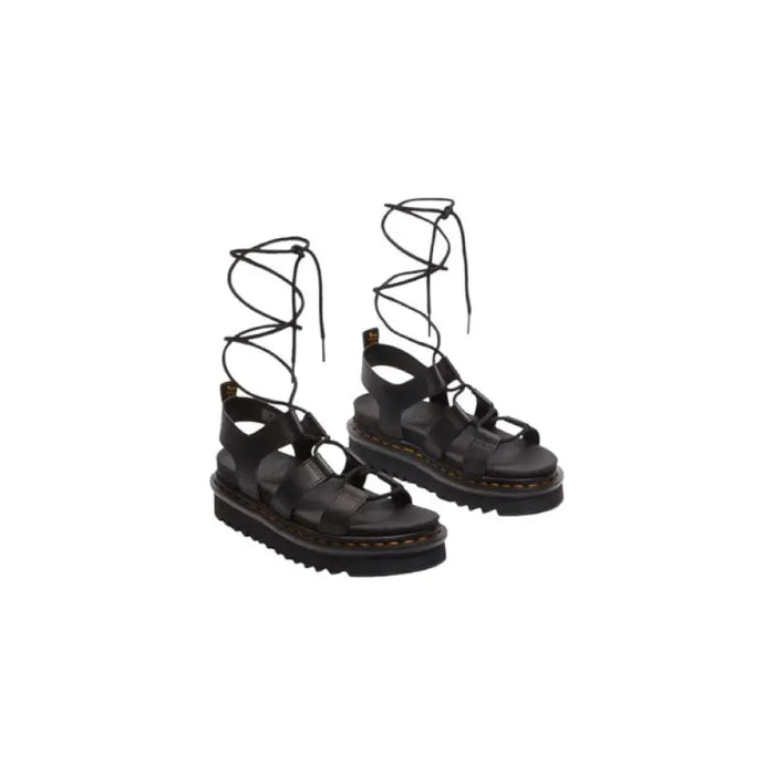 Black leather gladiator sandals with lace-up design and platform sole