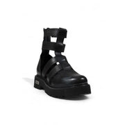 Black leather gladiator style platform ankle boot featuring multiple straps and a chunky sole