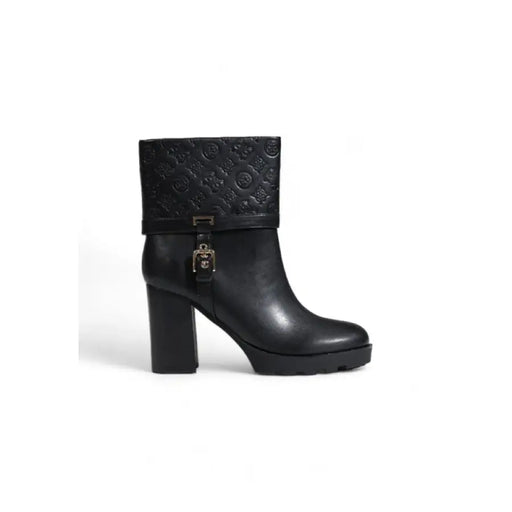 Black leather heeled ankle boot displaying stylish and sophisticated footwear design