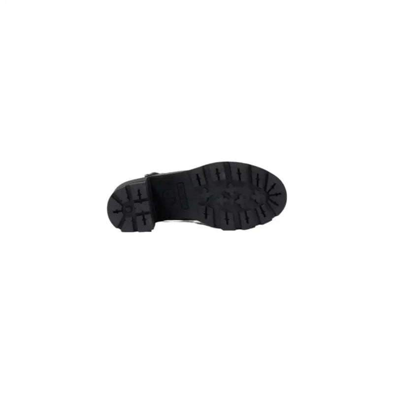 Black leather open toe heeled sandal showing the black rubber sole with chunky heel and deep tread pattern
