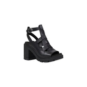 Black leather open toe heeled sandal with multiple straps and a chunky platform heel for stylish wear