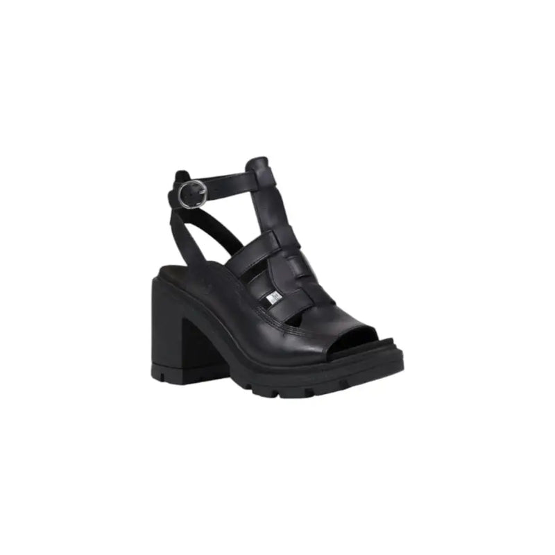 Black leather open toe heeled sandal with multiple straps and a chunky platform heel for stylish wear