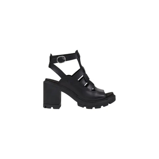 Black leather open-toe heeled sandal displayed in a product shot